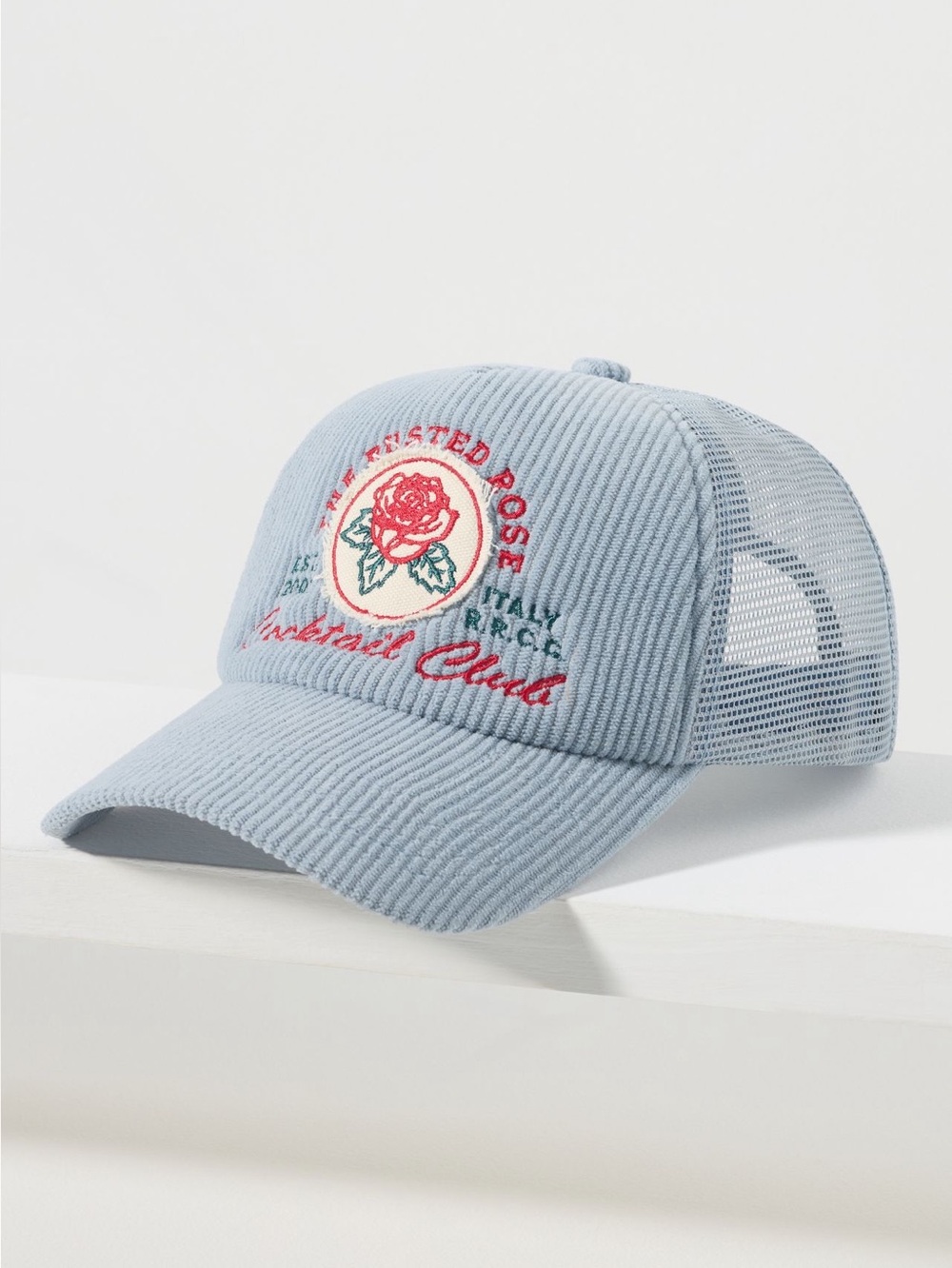 🇮🇹🌹Worn West Trucker Hat Cocktail Club Rusted Rose Italy Blue Corduroy New